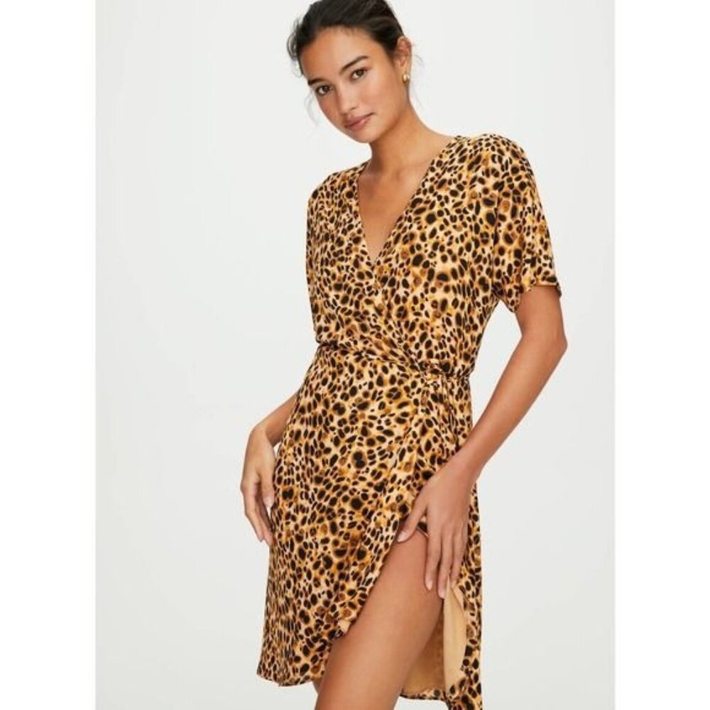 Aritzia Babaton Wallace Cheetah Print Short Sleeve V-Neck Wrap Mini Dress